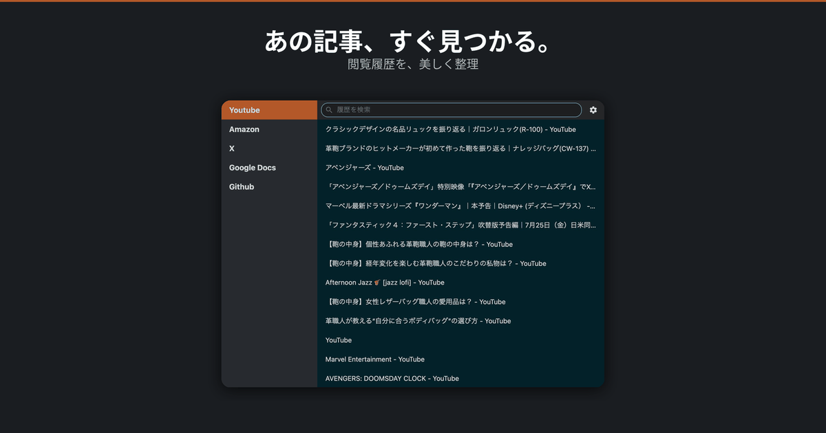 Historiumの紹介画像。あの記事、すぐ見つかる。というキャッチと、サイトごとに履歴を分けた画面